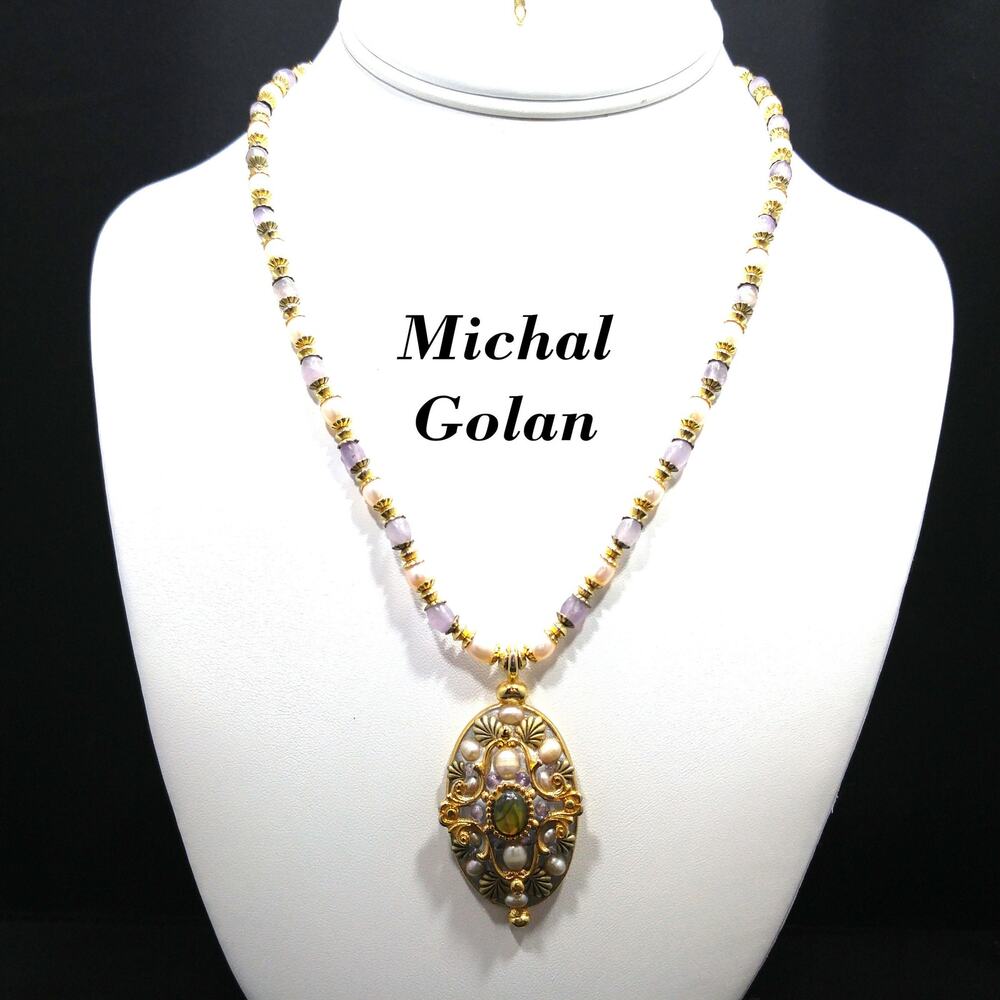 Michal Golan Pendant Necklace Amethyst Pearl Abalone Gold Tone 22"